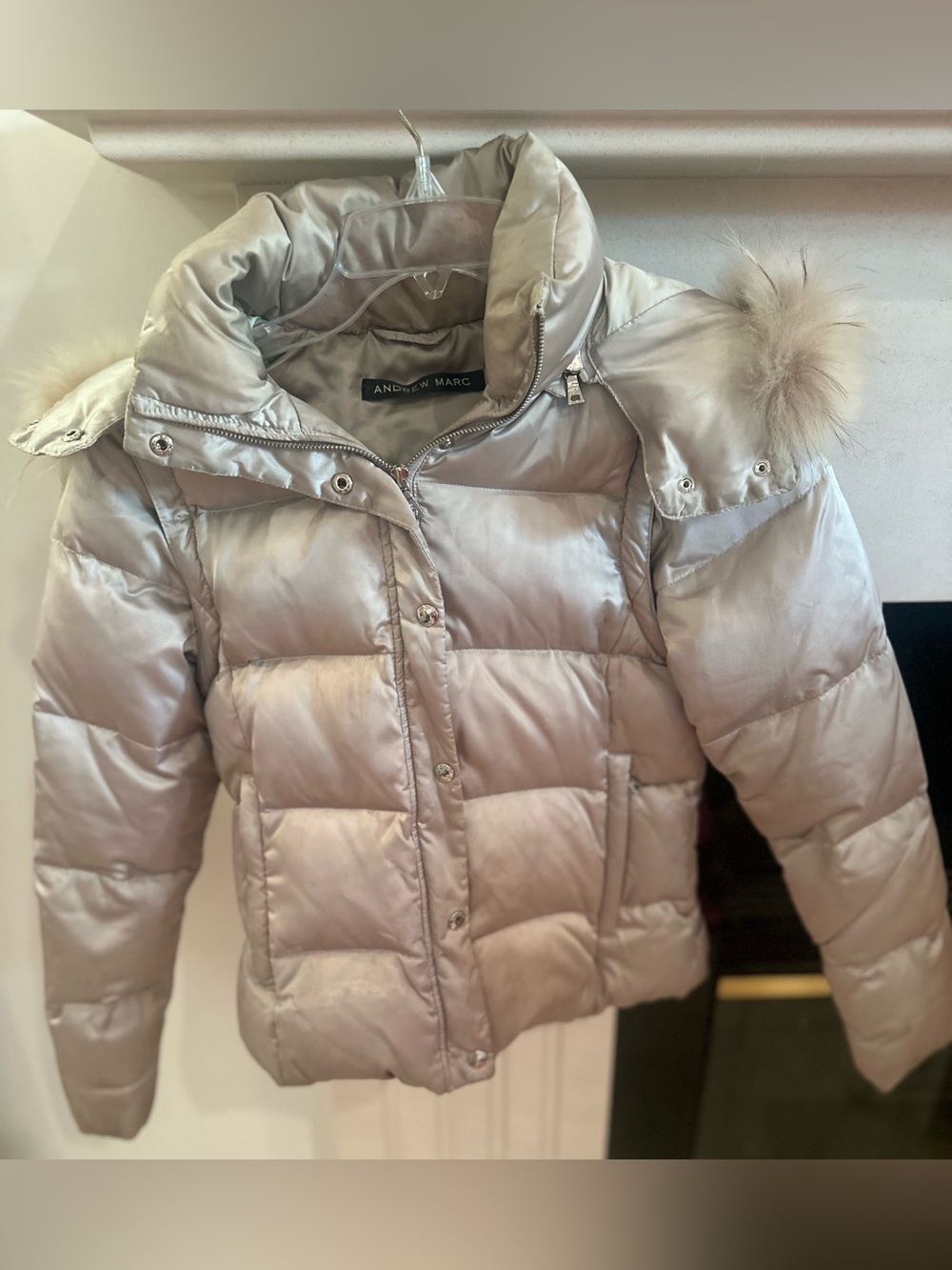 Andrew Marc Metallic Silver down Jacket with real Racoon fur detachable Hood XS